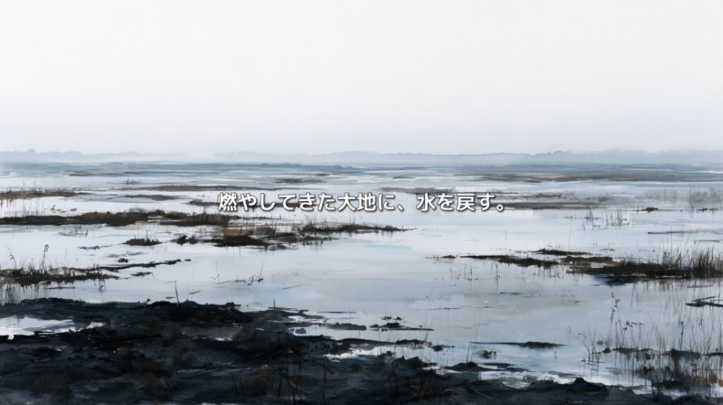 水が戻りつつあるアイルランドの泥炭地。黒い土と浅い水面が広がり、「燃やしてきた大地に、水を戻す。」の文字が重なる