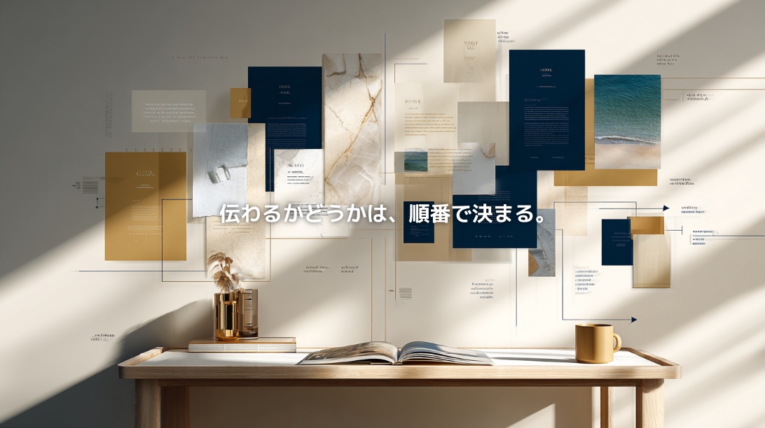 散らばった情報が順序立てて整理される様子と、「伝わるかどうかは、順番で決まる。」の文字を表現したコンテンツ構成のイメージ
