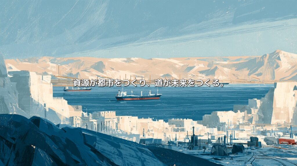 石造りの街並みの向こうに、カスピ海を進む貨物船と山並みを描いたイラスト。「資源が都市をつくり、道が未来をつくる。」の文字入り