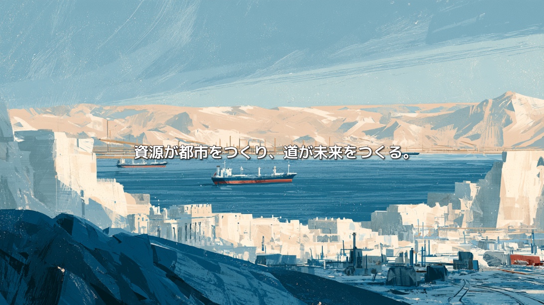 石造りの街並みの向こうに、カスピ海を進む貨物船と山並みを描いたイラスト。「資源が都市をつくり、道が未来をつくる。」の文字入り