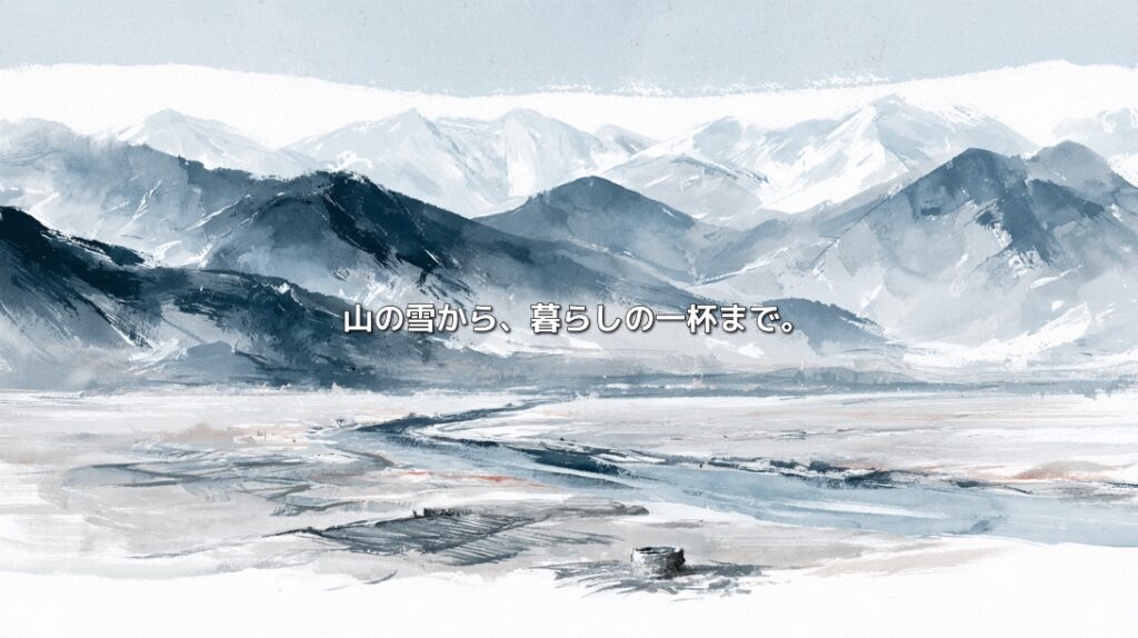 Ink-wash illustration of snow-covered mountains in Afghanistan and a river winding through a dry valley. Japanese text reads, “From mountain snow to a cup of water in everyday life.”