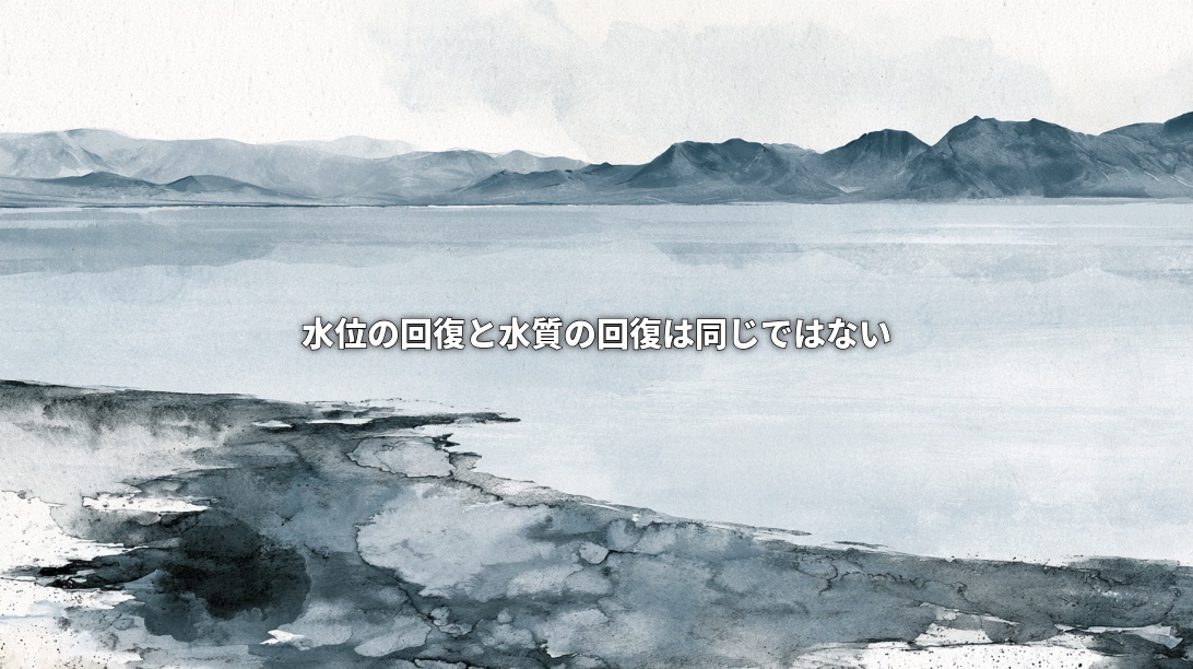 Ink-wash illustration of Lake Sevan in Armenia, with mountains and a dark shoreline, overlaid with Japanese text saying that recovering water levels and water quality are not the same.