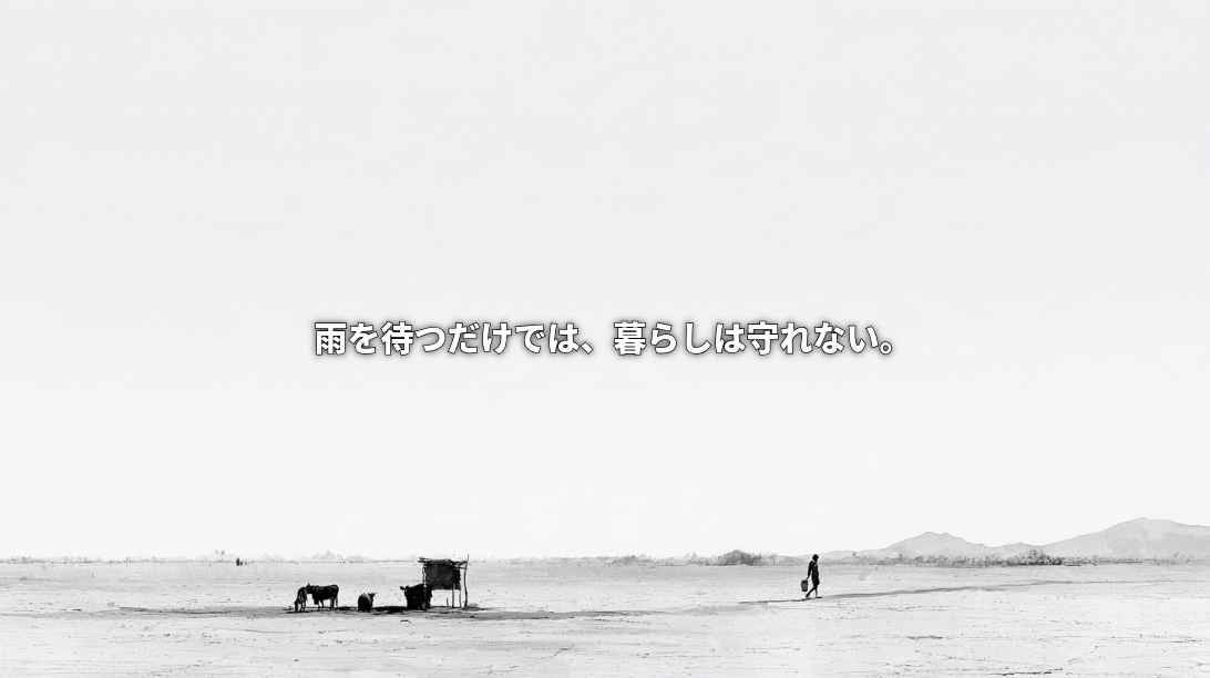 Monochrome illustration of a person walking across a dry plain in southern Angola, with cattle and a small water point beneath the Japanese words “Waiting for rain alone cannot protect livelihoods.”