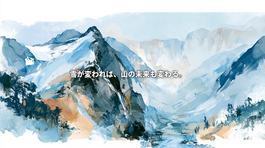 WordPressの各欄には、以下を入力してください。 代替テキスト(英語) Watercolor illustration of snow-covered mountains and a river winding through a valley in Andorra, overlaid with Japanese text: “As snow changes, so does the future of the mountains.”