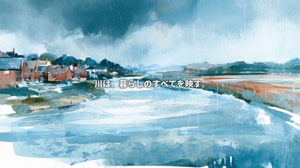 Watercolor illustration of a river flowing between houses and farmland in England under a rainy sky, with Japanese text reading “The river reflects every part of our lives.”