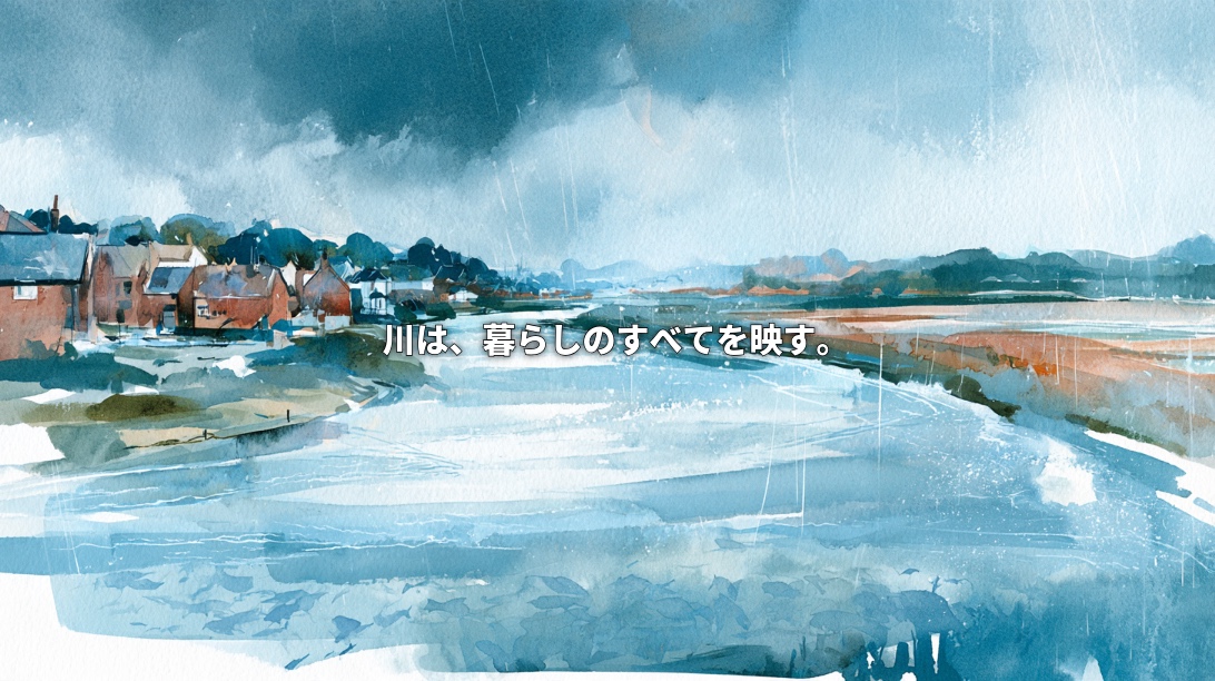 Watercolor illustration of a river flowing between houses and farmland in England under a rainy sky, with Japanese text reading “The river reflects every part of our lives.”