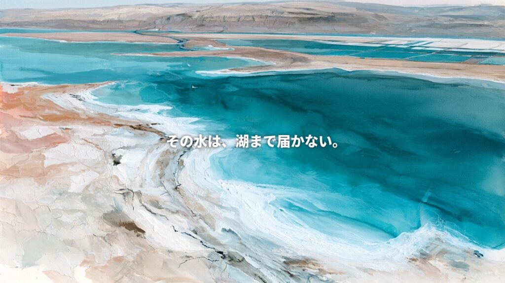 Artistic illustration of the Dead Sea with turquoise water, exposed white salt terraces, and distant evaporation ponds, overlaid with Japanese text meaning “That water never reaches the lake.”