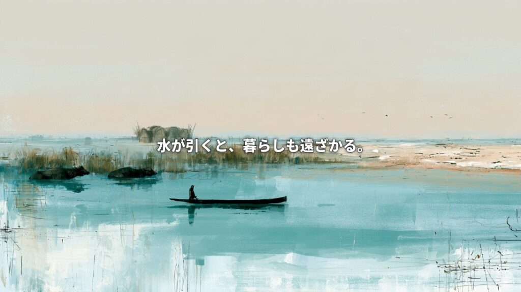 Watercolor illustration of Iraq’s Mesopotamian Marshlands, with a person in a narrow canoe, two water buffalo, reed beds, and an exposed shoreline. Japanese text reads, “As the water recedes, so do livelihoods.”