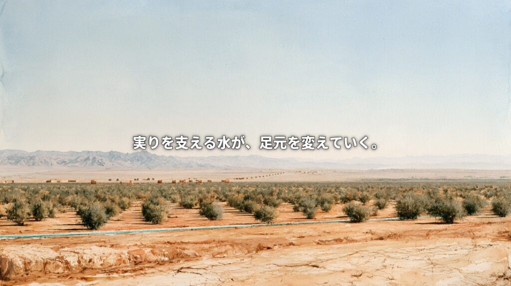 Artistic landscape of an Iranian pistachio orchard with rows of trees, a narrow irrigation channel, cracked earth, and distant mountains. Japanese text reads, “The water sustaining the harvest is changing the ground beneath it.”