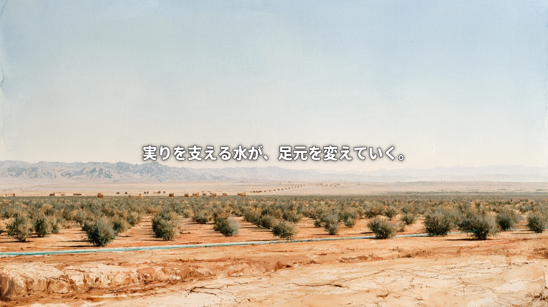 Artistic landscape of an Iranian pistachio orchard with rows of trees, a narrow irrigation channel, cracked earth, and distant mountains. Japanese text reads, “The water sustaining the harvest is changing the ground beneath it.”