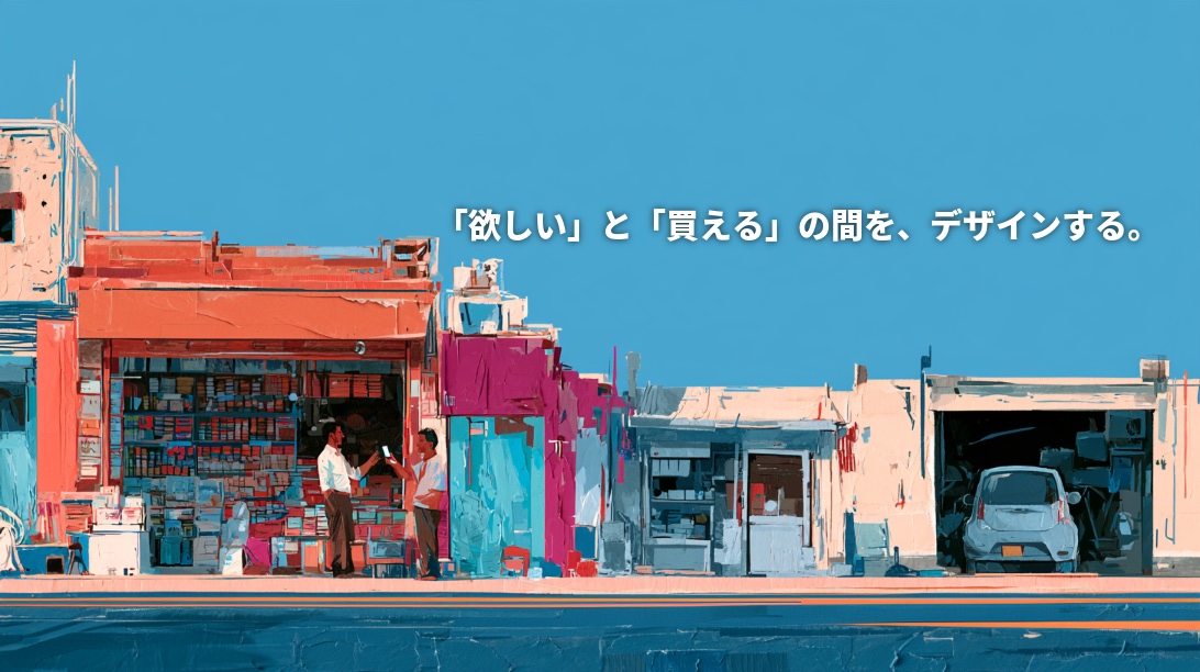 Colorful illustration connecting an Indian neighborhood shop and a Japanese service garage, with a Japanese headline about bridging the gap between wanting and being able to buy.