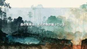 Illustration of an Indonesian peat swamp forest, contrasting waterlogged soil with dry, smouldering peat below ground. Japanese text reads: “The forest’s future depends on the water beneath our feet.”