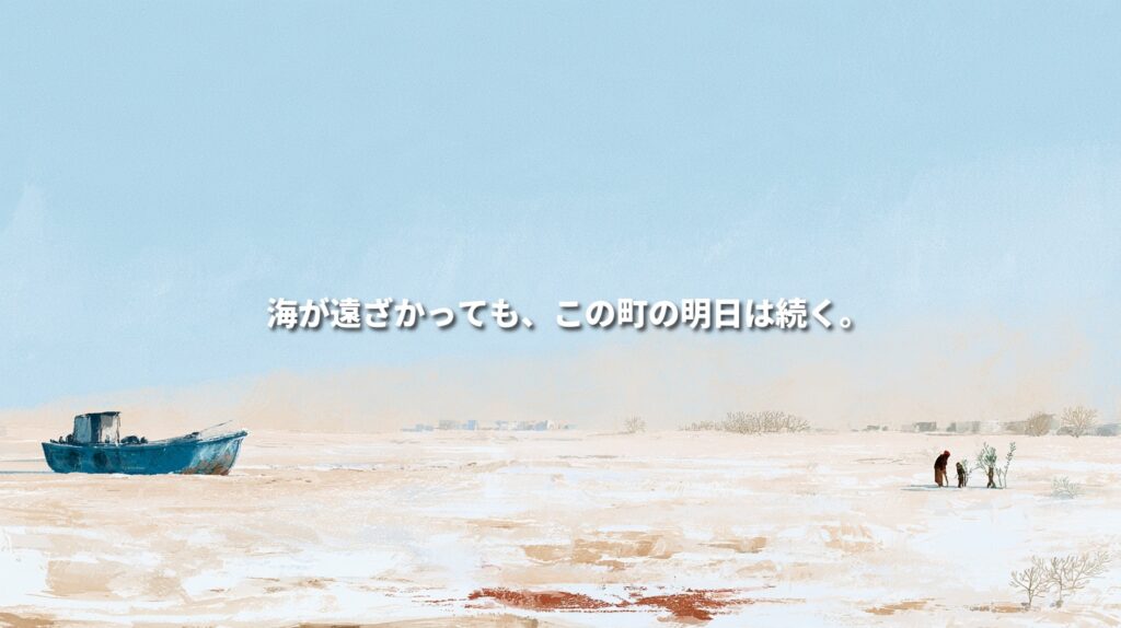 Watercolor illustration of Uzbekistan’s dried Aral Sea bed, with a weathered fishing boat and two figures beside young desert shrubs. Japanese text reads: “Even as the sea recedes, this town’s tomorrow continues.”