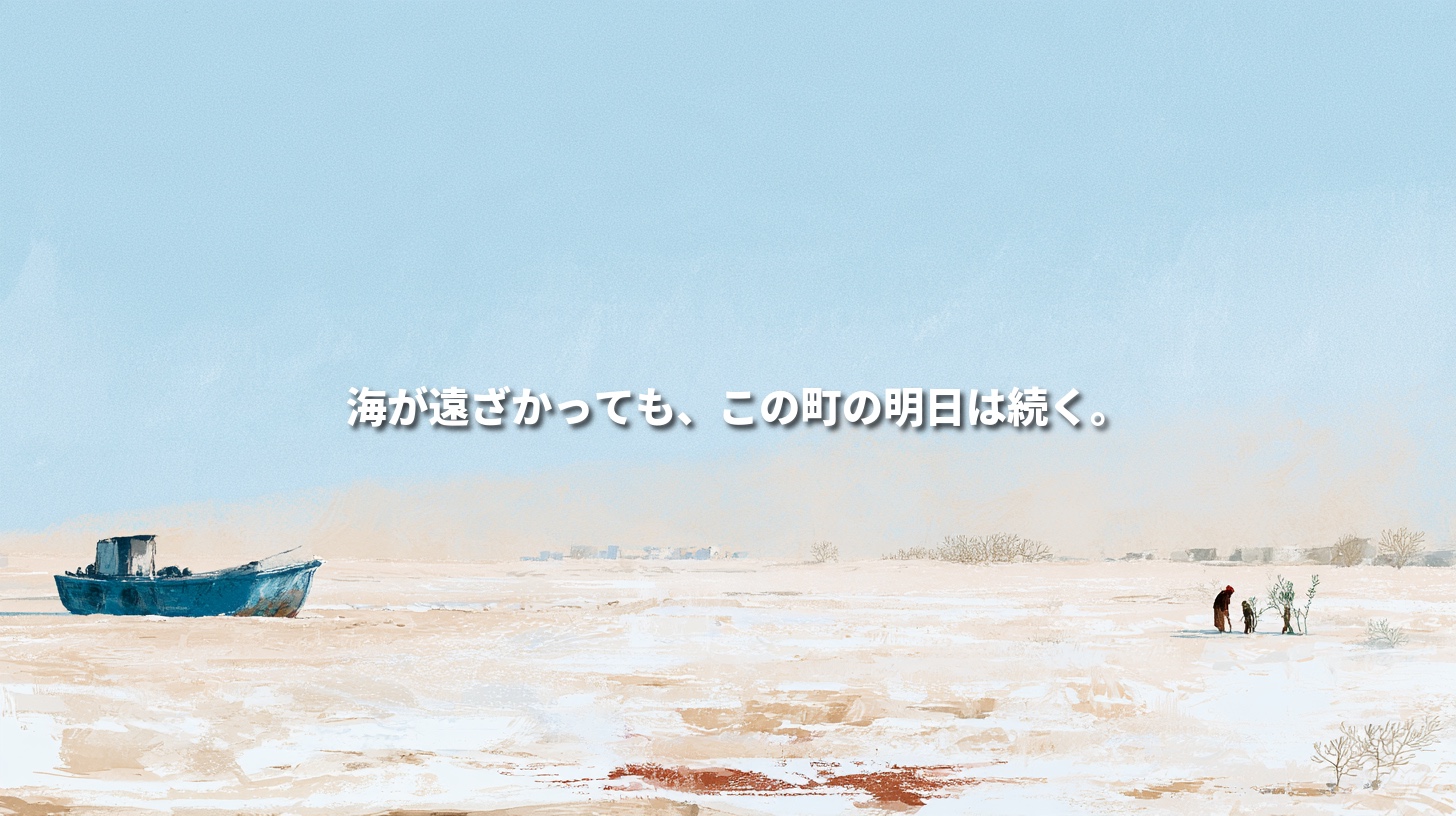 Watercolor illustration of Uzbekistan’s dried Aral Sea bed, with a weathered fishing boat and two figures beside young desert shrubs. Japanese text reads: “Even as the sea recedes, this town’s tomorrow continues.”