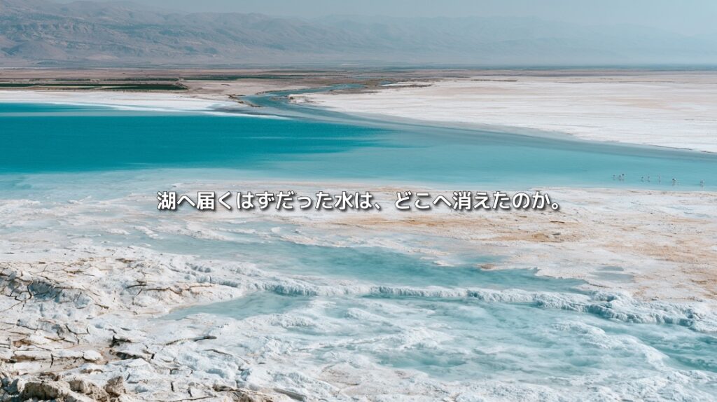 縮小したウルミア湖の青緑色の湖水と、広く露出した白い塩湖底を描いた風景
