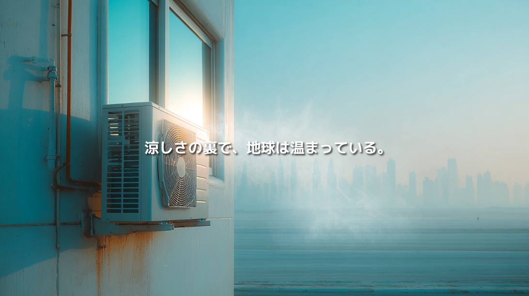 夏の都市を背景に設置されたエアコンの室外機。冷房と地球温暖化の関係を表現したイメージ