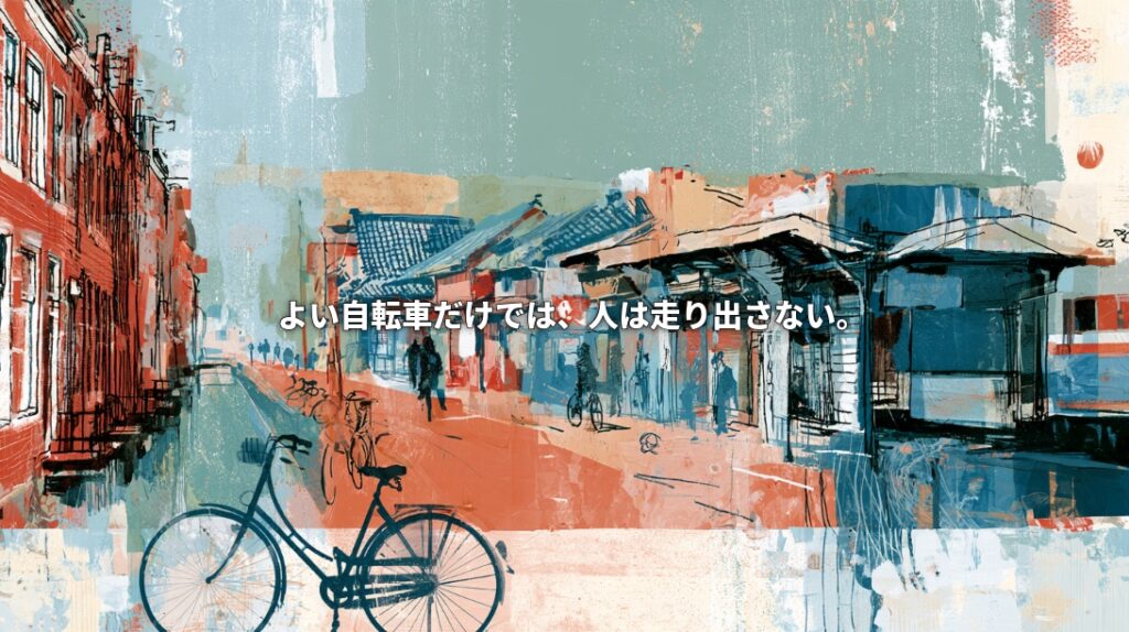 Painterly collage of a bicycle, Dutch brick buildings, and a Japanese railway station connected by a terracotta path, with the Japanese headline “A good bicycle alone won’t get people riding.”