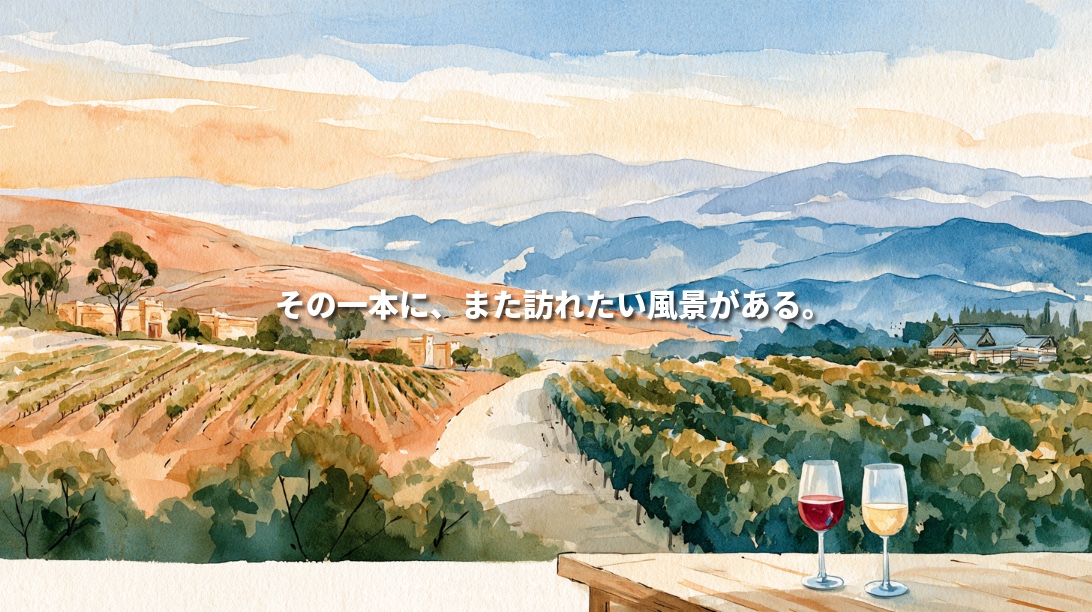 Watercolor illustration connecting Australian and Japanese vineyard landscapes, with rolling hills, blue mountains, and two wine glasses on a wooden table. Japanese text reads, “In that bottle, a landscape you want to visit again.”