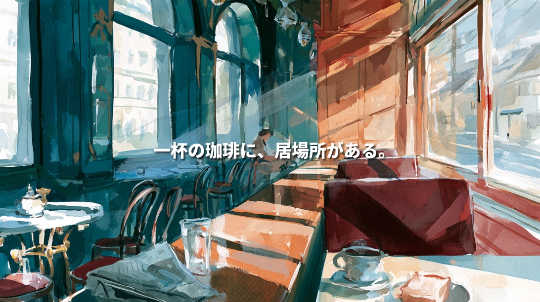 Sunlit illustration blending a Viennese coffeehouse and a Japanese kissaten, with arched windows, wooden tables, burgundy seats, and coffee cups. Japanese text reads, “A cup of coffee offers a place to belong.”