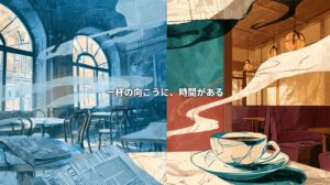 Colorful artwork combining a Viennese coffeehouse and a Japanese kissaten, with newspapers, a steaming coffee cup, and Japanese text meaning “Beyond a cup, there is time.”