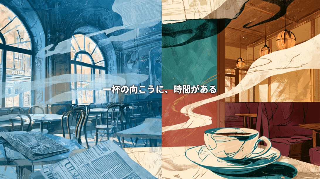 Colorful artwork combining a Viennese coffeehouse and a Japanese kissaten, with newspapers, a steaming coffee cup, and Japanese text meaning “Beyond a cup, there is time.”