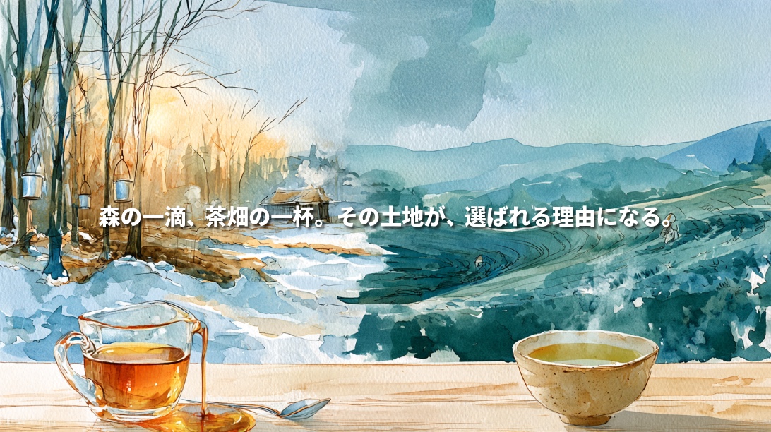 Watercolor illustration of a snowy Canadian maple forest merging with Japanese tea fields, with maple syrup and a steaming teacup in the foreground. Japanese text reads, “A drop from the forest, a cup from the tea fields. The land becomes a reason to choose.”
