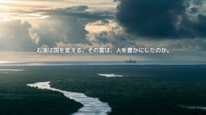 ガイアナの熱帯雨林と蛇行する河川、その先の大西洋に浮かぶ海上石油施設