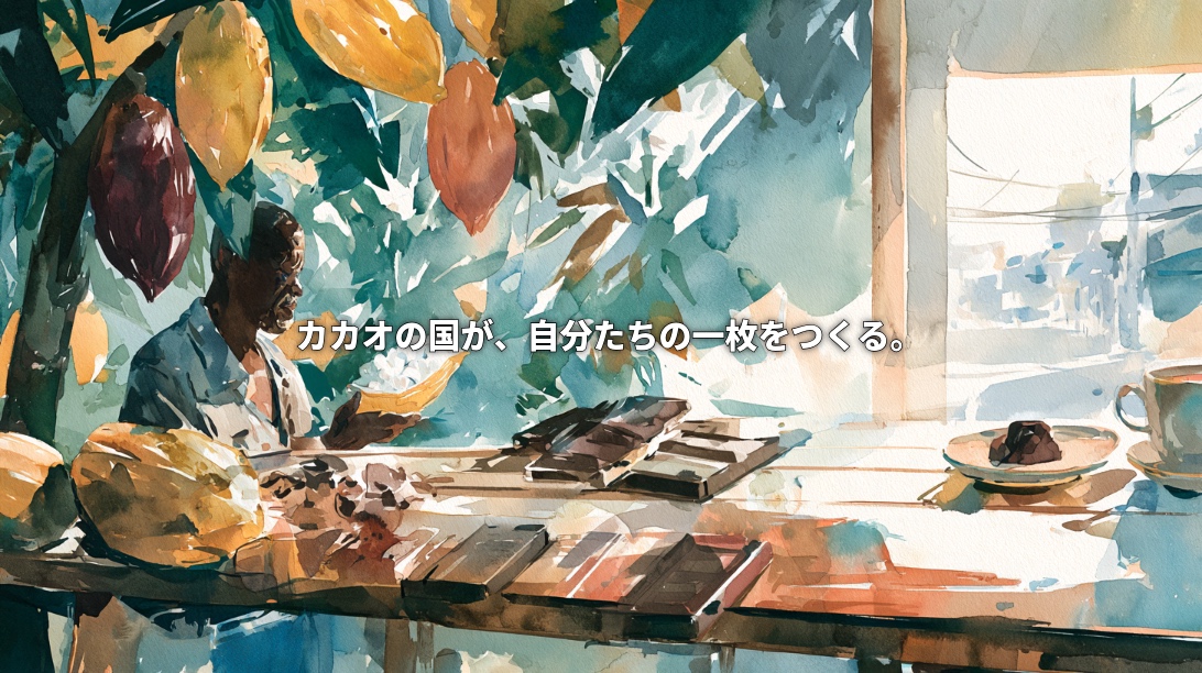 Watercolor illustration connecting a Ghanaian cocoa farmer and colorful cocoa pods with chocolate bars and a Japanese café, with the Japanese headline “The cocoa-growing nation creates its own chocolate bar.”