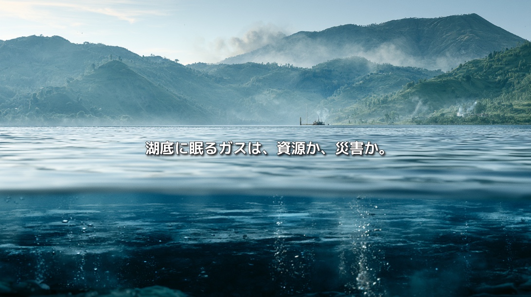緑の火山性山地に囲まれたキブ湖と、湖の深層から立ち上るメタンや二酸化炭素の気泡を描いたイメージ タイトル