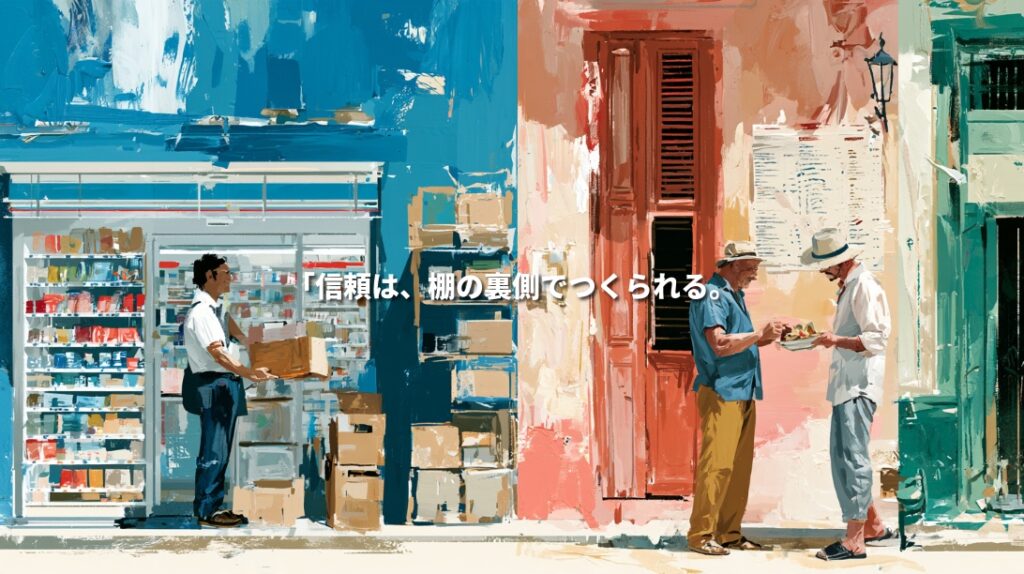 Colorful illustration juxtaposing a Japanese shop worker carrying boxes beside stocked shelves and two men exchanging a plate of food outside a Cuban restaurant. Japanese text reads, “Trust is built behind the shelves.”