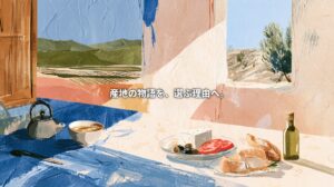 llustration of a shared table with a Japanese teapot and soup bowl alongside Greek feta, tomatoes, olives, bread, and olive oil. Fields and olive trees appear through windows. Japanese text reads: “Turn stories of origin into reasons to choose.”