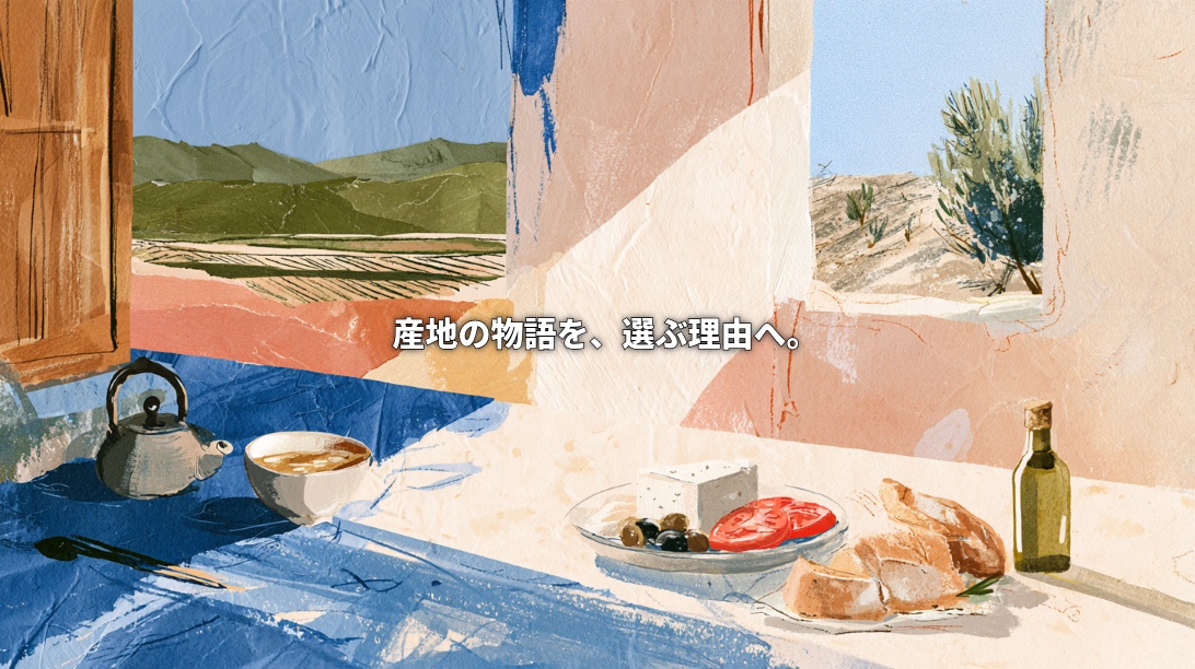 llustration of a shared table with a Japanese teapot and soup bowl alongside Greek feta, tomatoes, olives, bread, and olive oil. Fields and olive trees appear through windows. Japanese text reads: “Turn stories of origin into reasons to choose.”
