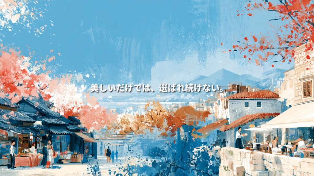 A colorful painting connecting Japanese wooden storefronts with Croatian stone buildings and café terraces, framed by seasonal foliage, with Japanese text reading “Beauty alone does not keep people choosing you.”