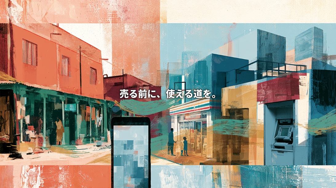 Colorful illustration connecting Kenyan neighborhood shops with a Japanese convenience store and ATM, featuring a smartphone and Japanese text meaning “Before selling, create a path to use.”
