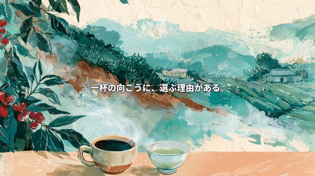 Artistic illustration of Colombian coffee hills and Japanese tea fields, with red coffee cherries and cups of coffee and green tea in the foreground. Japanese text reads, “Beyond each cup, there is a reason to choose.”