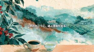 Artistic illustration of Colombian coffee hills and Japanese tea fields, with red coffee cherries and cups of coffee and green tea in the foreground. Japanese text reads, “Beyond each cup, there is a reason to choose.”