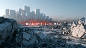 解体されたコンクリート塊と都市の建物を背景に、「骨材は、めぐる。CO₂は、残る。」と表現したイメージ
