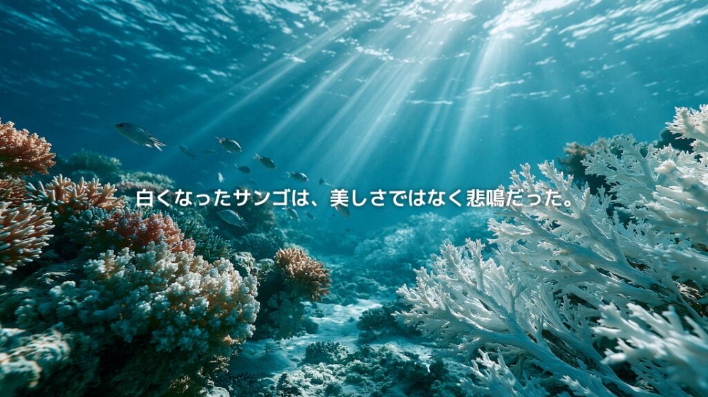 白化したサンゴと色鮮やかなサンゴが並ぶ、透明な海中のサンゴ礁の風景