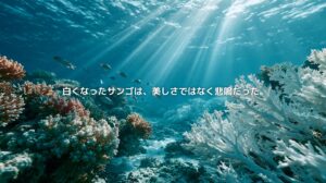 白化したサンゴと色鮮やかなサンゴが並ぶ、透明な海中のサンゴ礁の風景