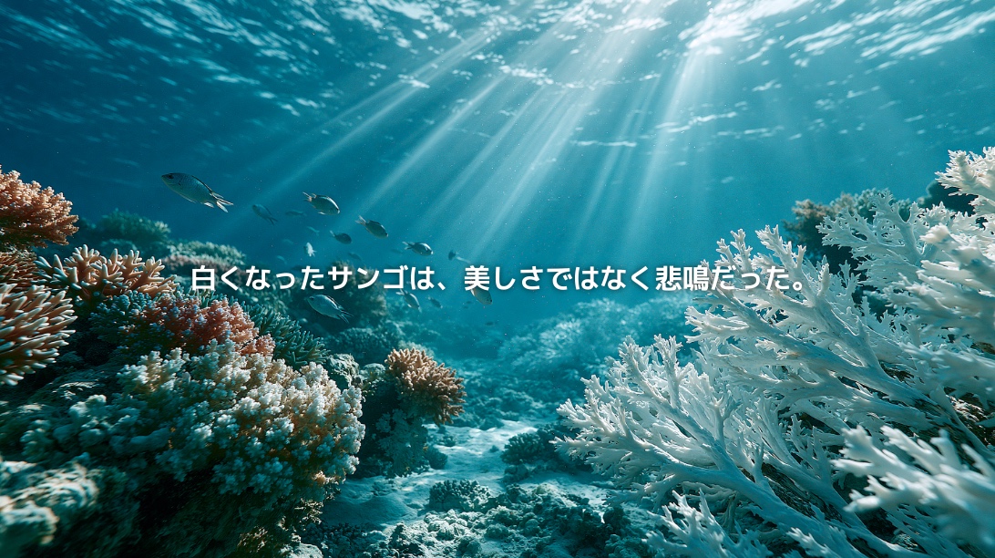 白化したサンゴと色鮮やかなサンゴが並ぶ、透明な海中のサンゴ礁の風景