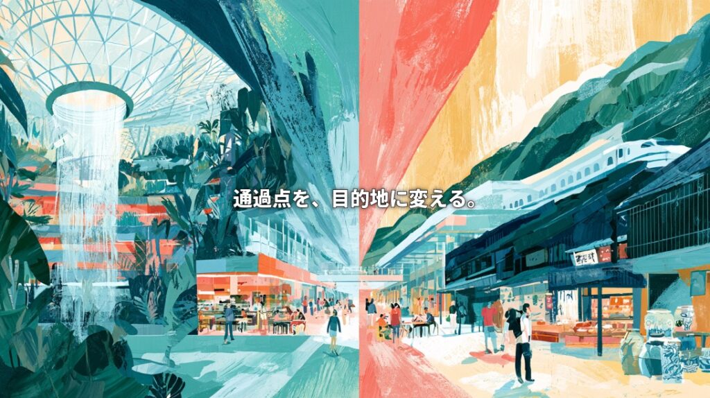 Colorful illustration linking a Jewel Changi-inspired indoor waterfall and tropical greenery with a Japanese shopping street and bullet train. Japanese text reads, “Turn a transit point into a destination.”