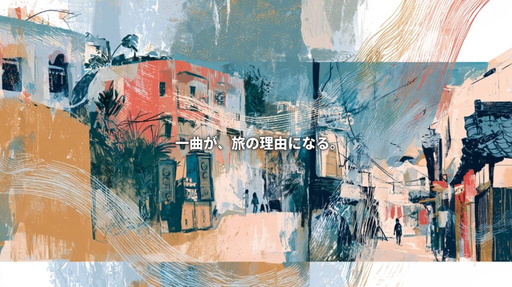 Artistic collage connecting Jamaican and Japanese streets with flowing lines suggesting music, featuring sound-system speakers and the Japanese headline “A song becomes a reason to travel.”