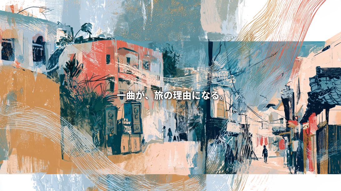 Artistic collage connecting Jamaican and Japanese streets with flowing lines suggesting music, featuring sound-system speakers and the Japanese headline “A song becomes a reason to travel.”