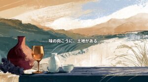 Illustration of a terracotta vessel, amber wine, grapes, and Japanese sake cups against mountains and terraced fields, with Japanese text meaning “Beyond taste, there is a land.”