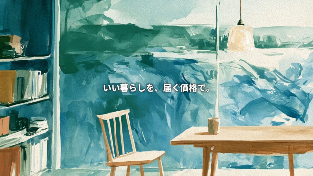 Painterly illustration of a wooden chair, table, cup, bookshelf, and pendant lamp against a blue-green landscape, with Japanese text meaning “A better everyday life at a price within reach.”