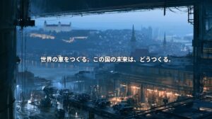 Conceptual artwork combining Bratislava’s skyline and castle with a car assembly line, overlaid with Japanese text asking how Slovakia will build its future.