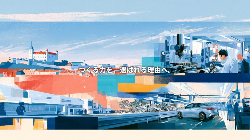 Editorial illustration combining Bratislava Castle, engineers, precision machinery, and an automotive assembly line, with a Japanese headline meaning “Turn manufacturing expertise into a reason to choose.”