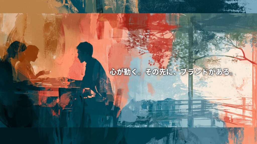 Painterly silhouettes of people sharing a meal beside a tranquil Japanese garden, with the Japanese headline “The heart moves. Beyond that lies a brand.”