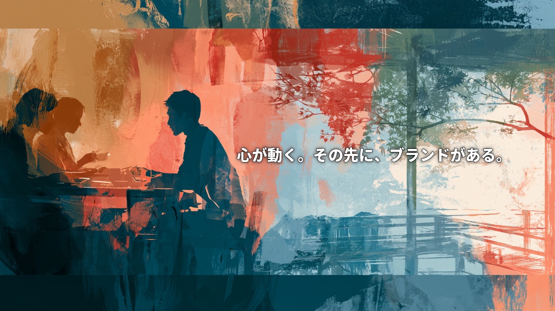 Painterly silhouettes of people sharing a meal beside a tranquil Japanese garden, with the Japanese headline “The heart moves. Beyond that lies a brand.”