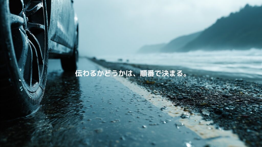 雨に濡れた海岸道路を走る車のタイヤ。道路から海へ流れるタイヤ摩耗粉を表現したイメージ